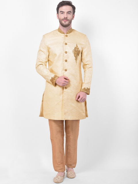 

SG RAJASAHAB Men Gold-Coloured & Brown Woven Design Sherwani Set