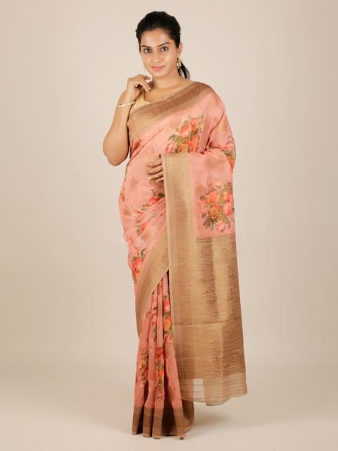 

Pothys Peach-Coloured Floral Printed Poly Chiffon Saree