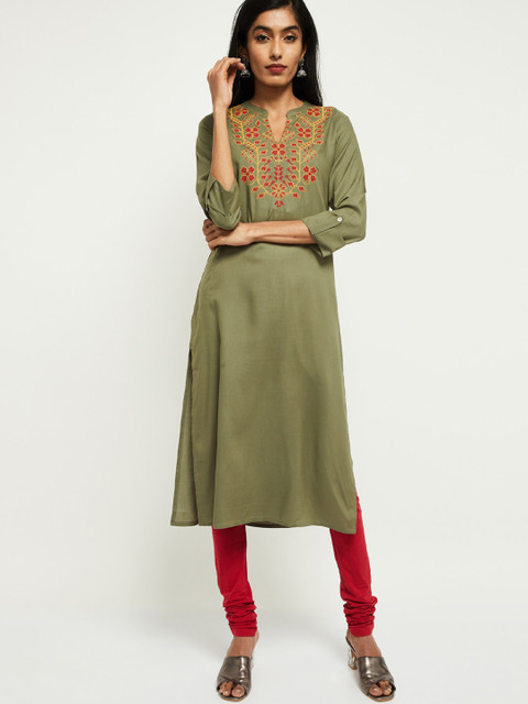 

max Women Green Floral Embroidered Floral Kurta