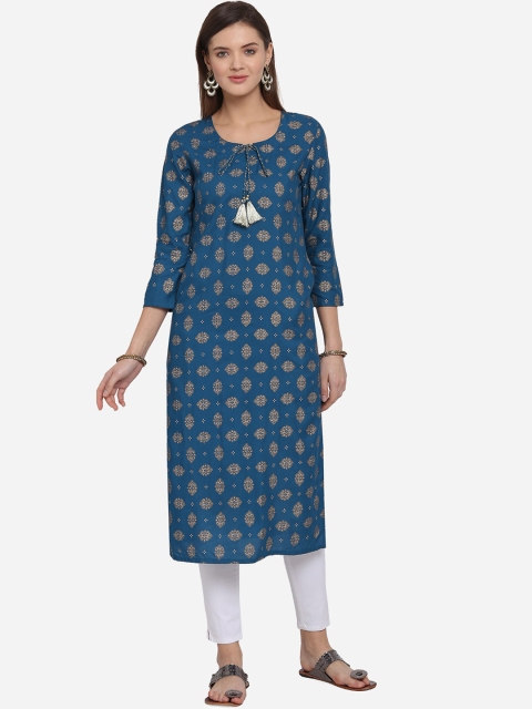 Mirchi Fashion Women Blue & Golden Foil Printed Straight Kurta