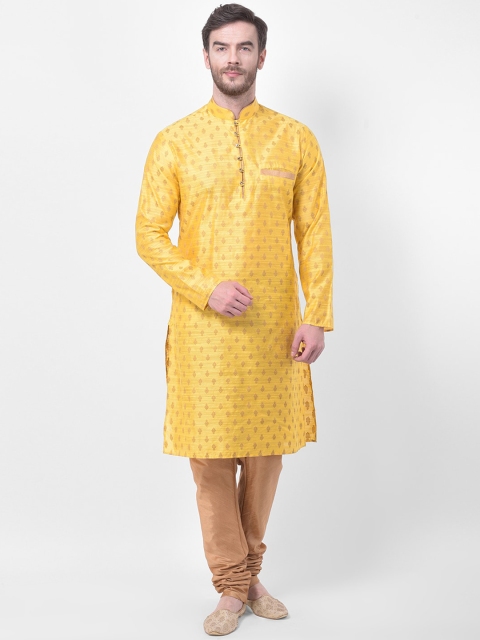 

SG LEMAN Men Yellow & Brown Self Design Kurta with Churidar