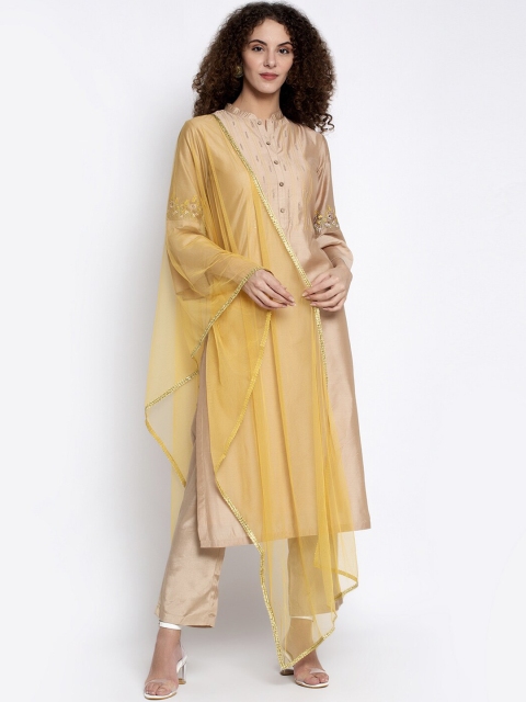 

Aujjessa Women Beige Embroidered Regular Pure Silk Kurta with Trousers & With Dupatta