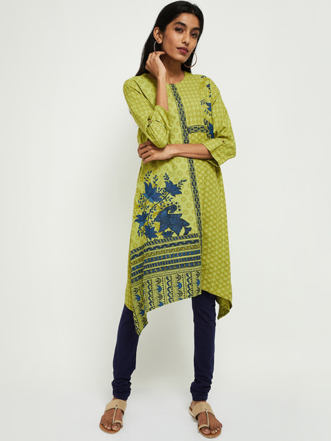 

max Women Lime Green Printed A-Line Kurta
