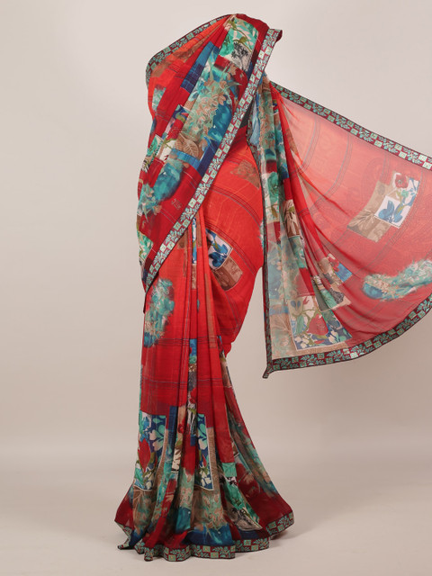 

Pothys Red Printed Poly Georgette Saree