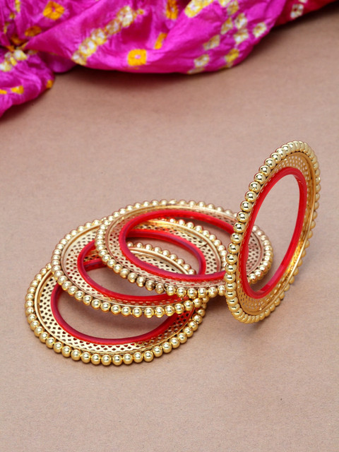

Shining Diva Set Of 4 Gold-Plated & Red Antique Bangles