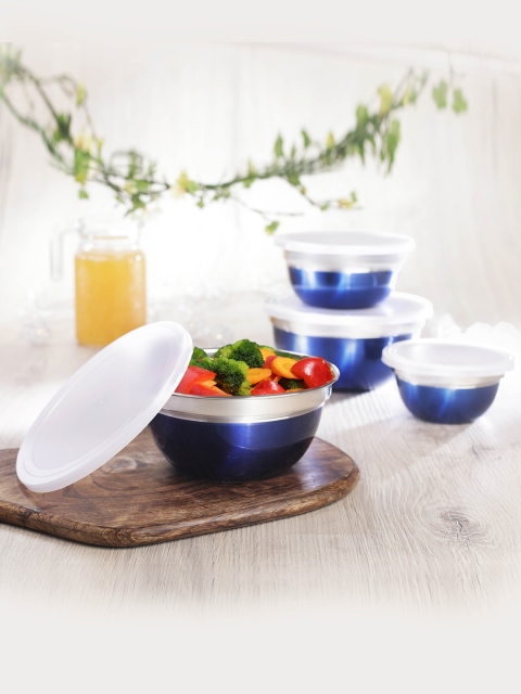 

Jensons Set Of 4 Blue & Silver-Toned Stainless Steel Airtight Food Containers With Lid