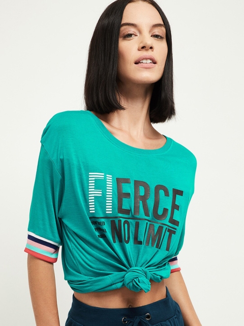 

max Women Teal Printed Round Neck T-shirt