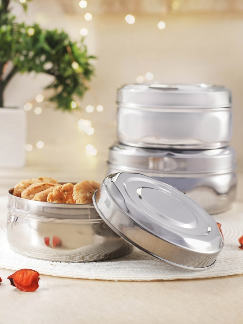 

Jensons Set of 3 Silver Toned Stainless Steel Diamond Storage with steel Lids