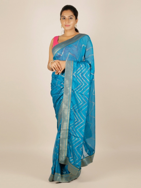 

Pothys Blue Printed Poly Georgette Saree with Zari Border