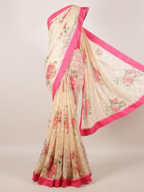 

Pothys Cream-Coloured & Pink Poly Georgette Printed Saree