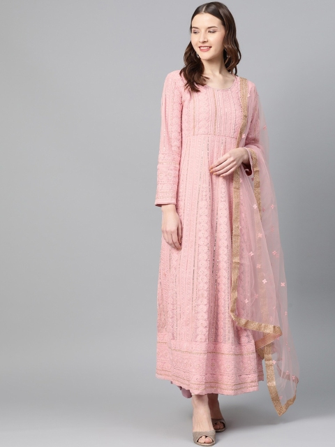 

Ishin Women Pink Embellished Maxi Dress With Dupatta