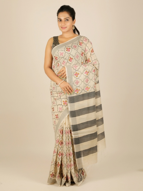 

Pothys Cream-Coloured & Black Jute Silk Printed Saree