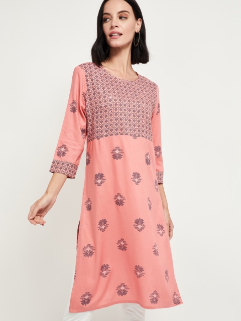 

max Women Peach-Coloured Printed Straight Kurta