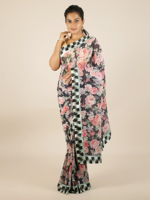 

Pothys Navy Blue Floral Printed Poly Chiffon Saree