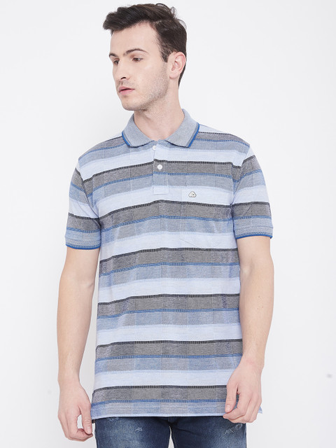 

Duke Men Blue & Grey Striped Polo Collar T-shirt
