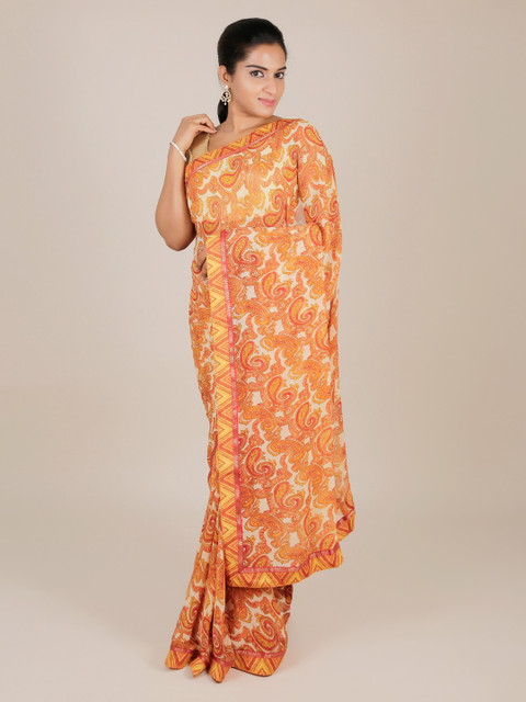 

Pothys Cream-Coloured Printed Poly Georgette Saree