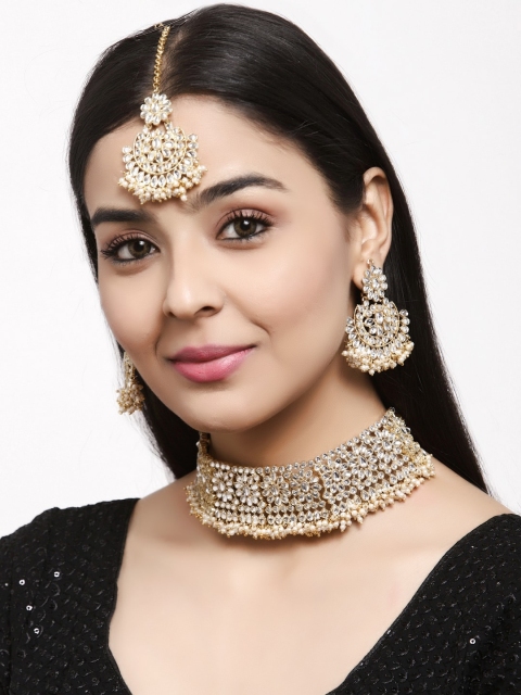 

Shining Diva Gold-Plated White Kundan-Studded Beaded Antique Jewellery Set