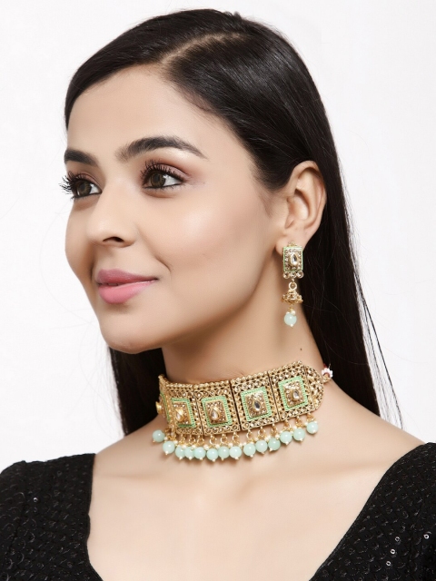 

Shining Diva Gold-Plated Green& Brown Stone Studded & Beaded Enamelled Jewellery Set
