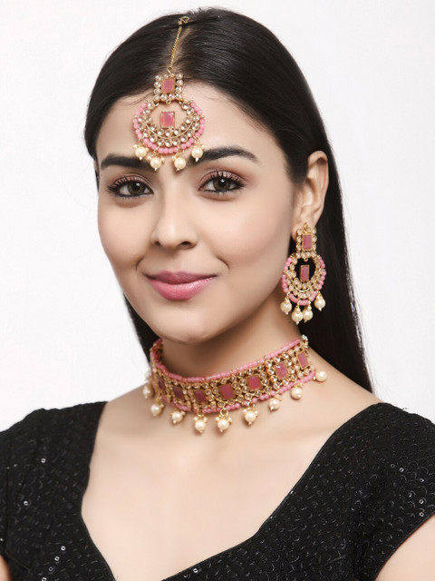 

Shining Diva Gold-Plated Pink & White Kundan Studded Beaded Choker Jewellery Set