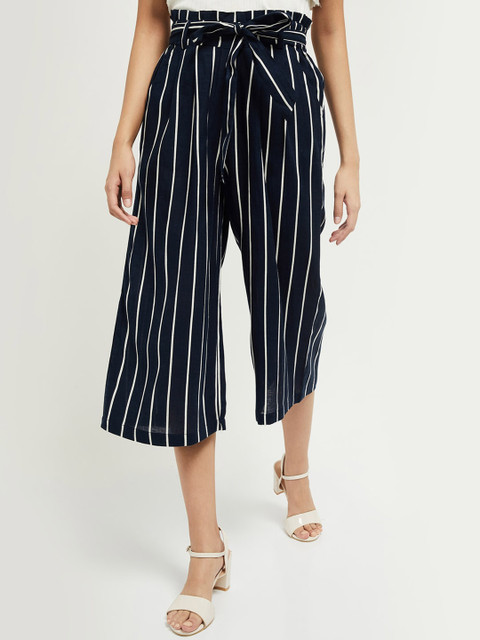 

max Women Navy Blue & White Loose Fit Striped Culottes