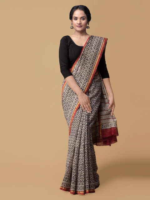 

Unnati Silks Black Pure Silk Printed Chanderi Saree