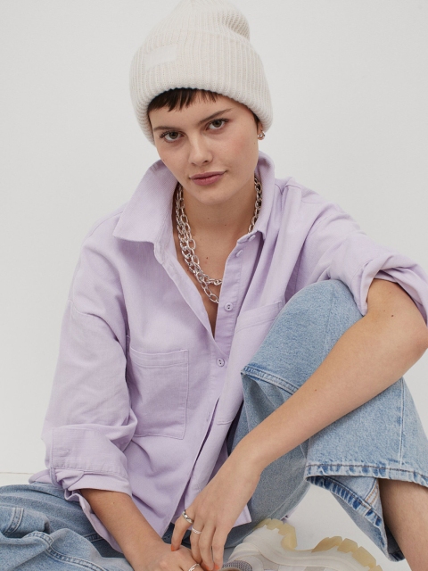 

H&M Women Purple Solid Oversized Corduroy Shirt