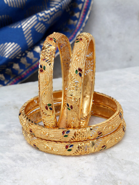 

Shining Diva Set Of 4 Gold-Plated Red & Green Artificial Stone-Studded Meenakari Bangles