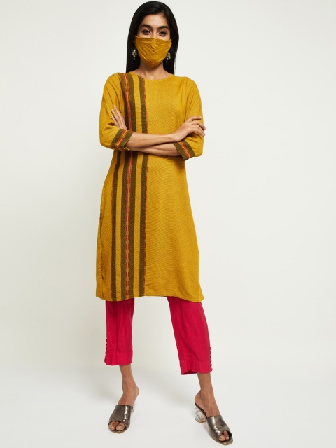max Women Mustard & Black Colourblocked Straight Kurta
