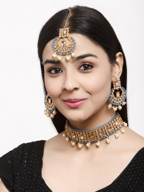 

Shining Diva Gold Plated Blue & White Kundan Studded Jewellery Set