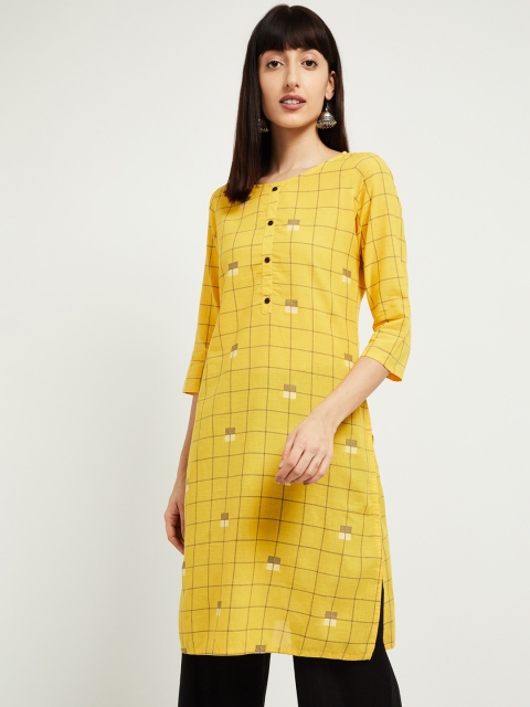 max Women Yellow Checked Straight Kurta