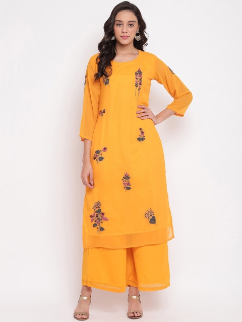 

Ashnaina Women Yellow Embroidered Kurta with Palazzos
