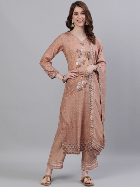 

Ishin Women Brown Embroidered Kurti with Trousers & Dupatta