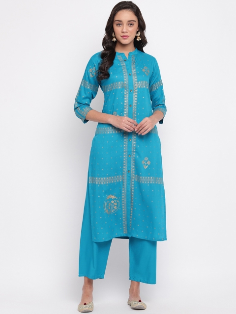 

Ashnaina Women Turquoise Blue Woven Design Kurta with Trousers