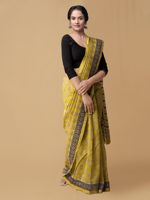 

Unnati Silks Yellow Pure Silk Printed Chanderi Saree