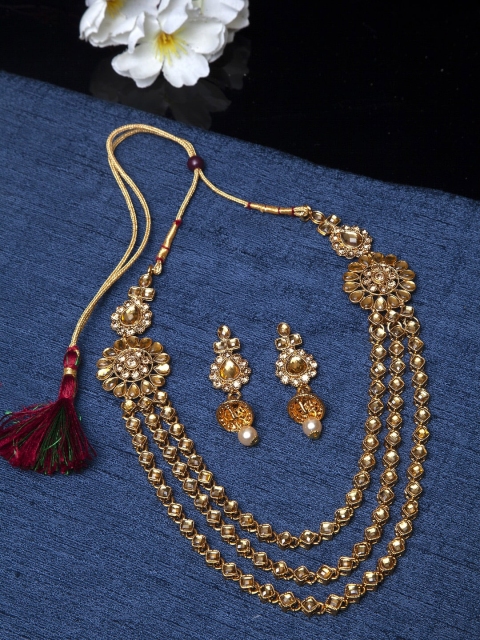 

Shining Diva Gold-Plated Beige Kundan-Studded Layered Jewellery Set