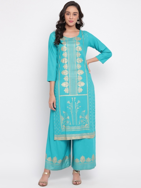 

Ashnaina Women Turquoise Blue Printed Kurta with Palazzos