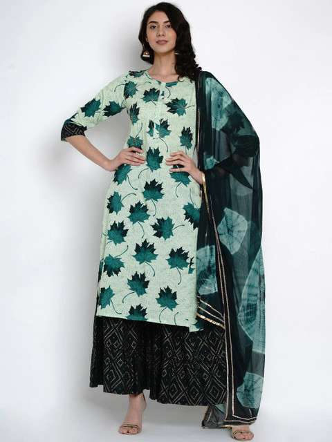 

Yuris Women Green Printed Kurti with Sharara & Dupatta
