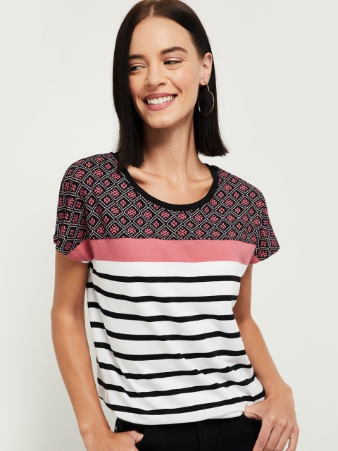 

max Women Black Striped Round Neck T-shirt