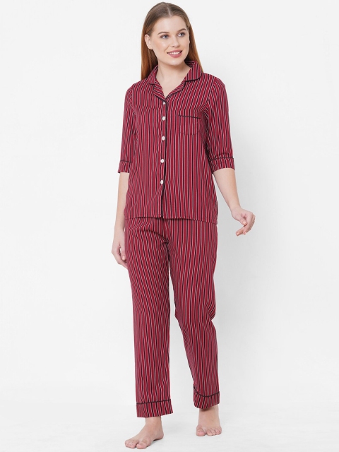 

Sweet Dreams Women Maroon & White Striped Night Suit