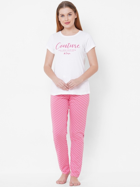 

Sweet Dreams Women White & Pink Striped Night Suit