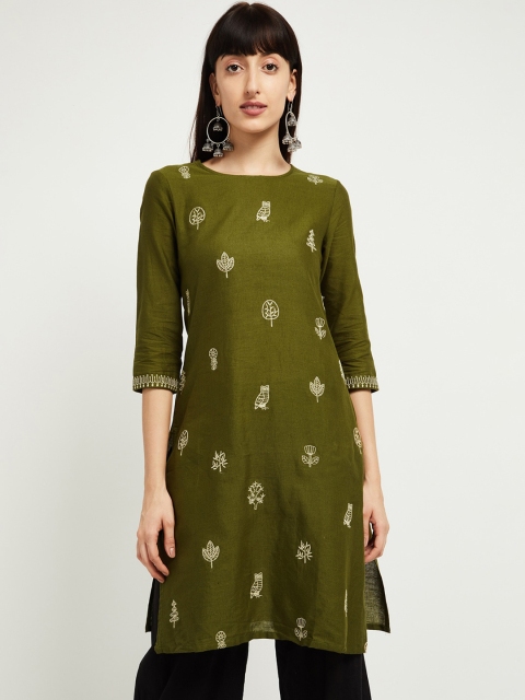 

max Women Olive Green & Off-White Printed A-Line Kurta