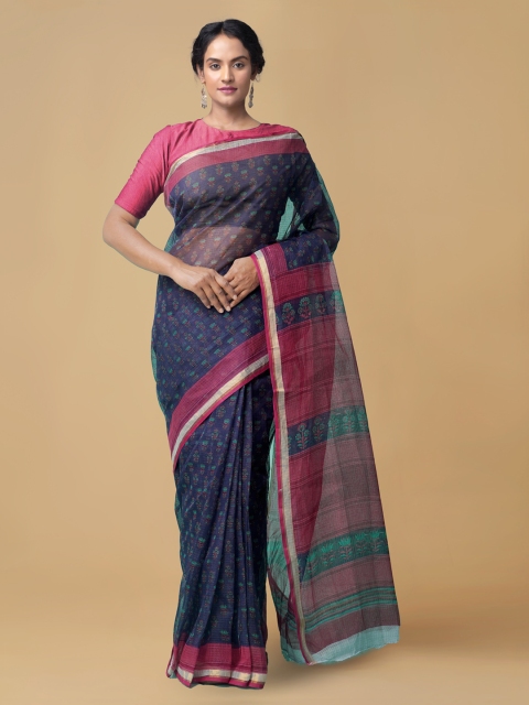 

Unnati Silks Blue & Pink Pure Cotton Hand Block Printed Kota Saree with Zari Border