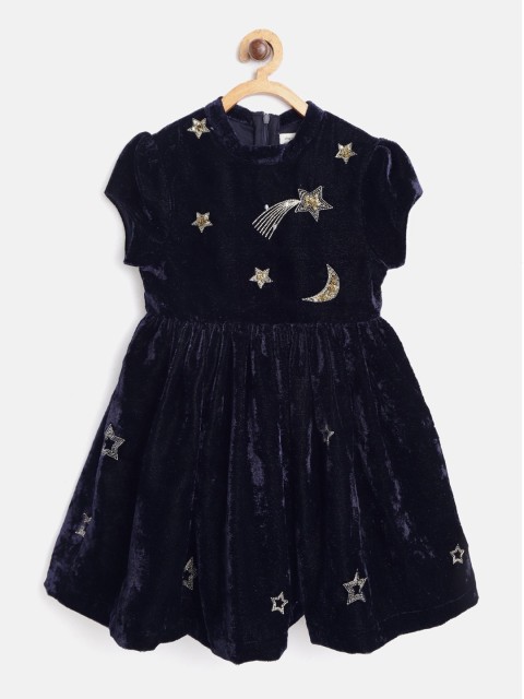

Cherry Crumble Girls Navy Blue Self Design Fit and Flare Dress