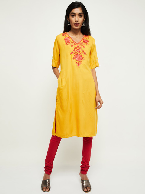 

max Women Yellow Yoke Design Straight Kurta