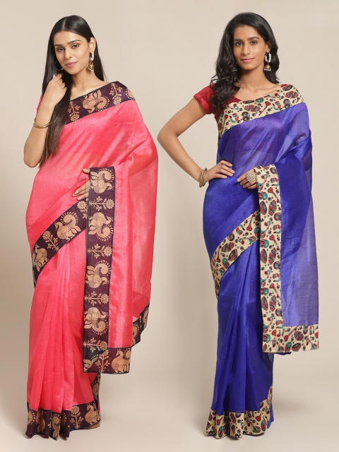 

Florence Pink & Blue Set of 2 Silk Blend Solid Saree