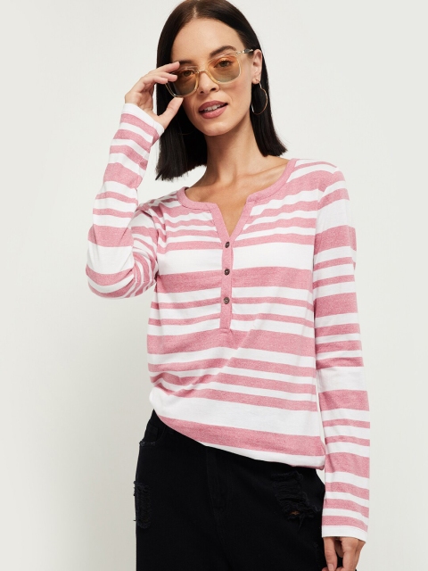 

max Women Pink & White Striped Henley Neck T-shirt