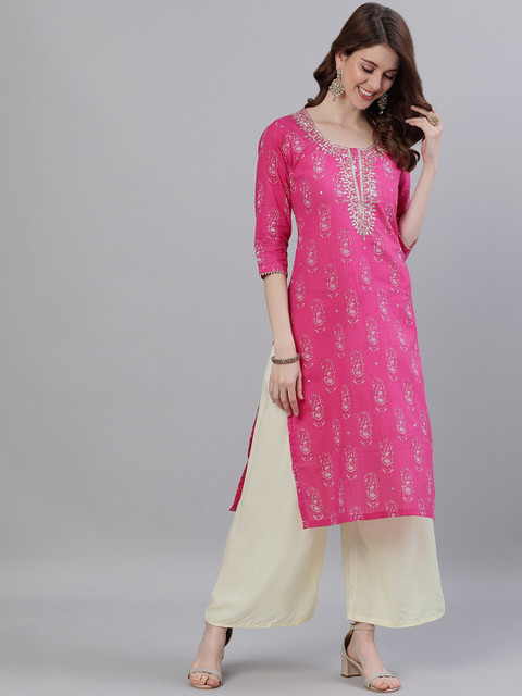 

Ishin Women Pink Yoke Design Gota Patti Embroidered Straight Kurta