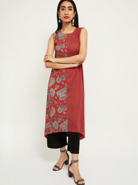 

max Women Orange Floral Printed Striped High-Low Straight Kurta