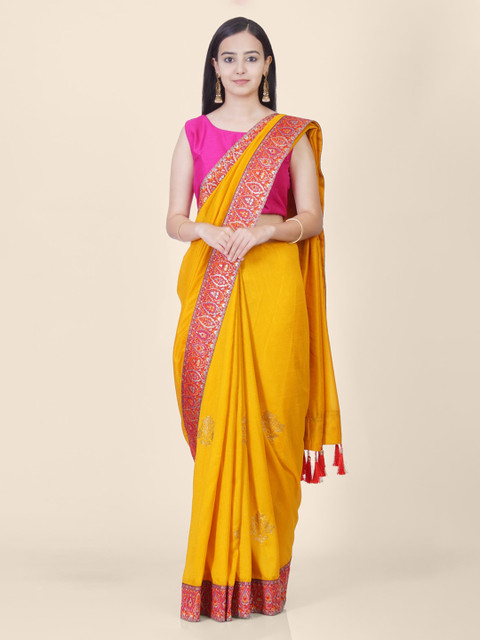 

Hastakala Yellow Pashmina Solid Jamdani Saree