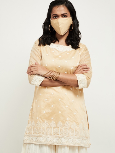 

max Women Beige & White Embroidered Straight Kurti With Matching Mask